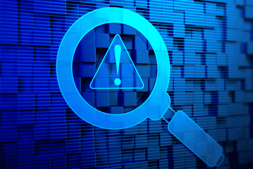 Icona blu con punto esclamativo vista attraverso una lente d’ingrandimento digitale.